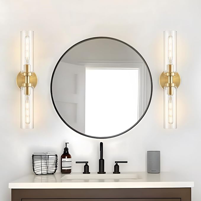 2-Light Brushed Brass Gold Bathroom Light Fixtures Over Mirror Modern Vanity Light Wall Lighting with Clear Glass Shade for Bathroom, Bedroom, Hallway, Cabinet