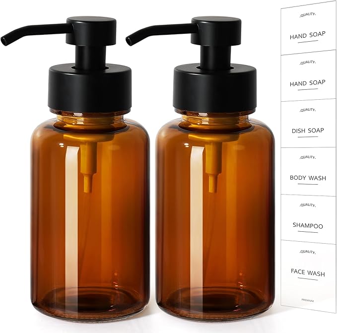 Amber Foam Soap Dispenser, 14.1 oz/400ml Foaming Hand Soap Dispenser, 2 Pack Glass Foaming Dispenser for Bathroom & Kitchen, Refillable Liquid Dispenser Bottle with Waterproof Labels