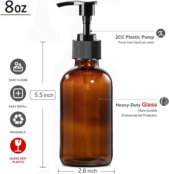 12 Pack 8 oz Amber Glass Bottles with Pumps for Essential Oils, Cleaning Products, Lotions, Aromatherapy Oil, Pump Bottles, Refillable Containers with Cap, Funnel, 12 Chalk Labels, 1 Pen