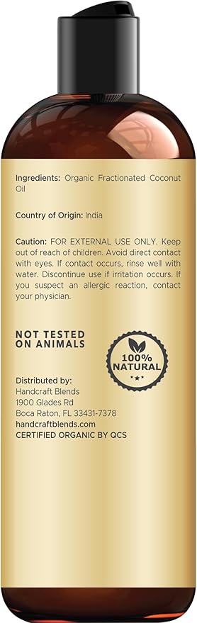Handcraft Blends Organic Fractionated Coconut Oil | 100% Pure and Natural | Bath & Body Oil | Premium Grade Carrier Oil | Skin | Hair | Body | Massage | Hexane-Free | 8 Fl Oz