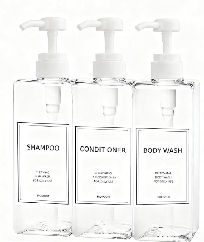 Modern Shampoo and Conditioner Dispenser (21 oz, Pack of 3) Refillable Pump Bottle Set Empty Shower Plastic Bottles with Pump for Bathroom Body Wash Soap and Shower