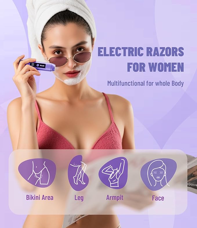 Bikini Trimmer for Women: Electric Razor & Shaver with Dual Heads for Body Pubic Hair, IPX7 Waterproof with LED Display - Rechargeable Lady Trimmer for Bikini - Lake Blue