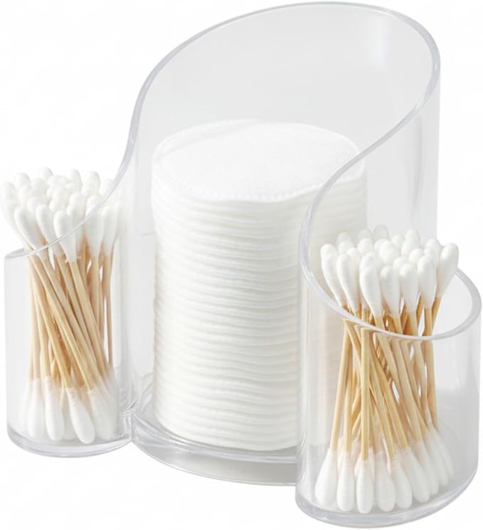 Clear 3-Compartment Vanity Organizer & Cotton Swab Holder - Small Plastic Storage Box for Jewelry, Floss Picks & Hair Accessories - Open Front Countertop Display
