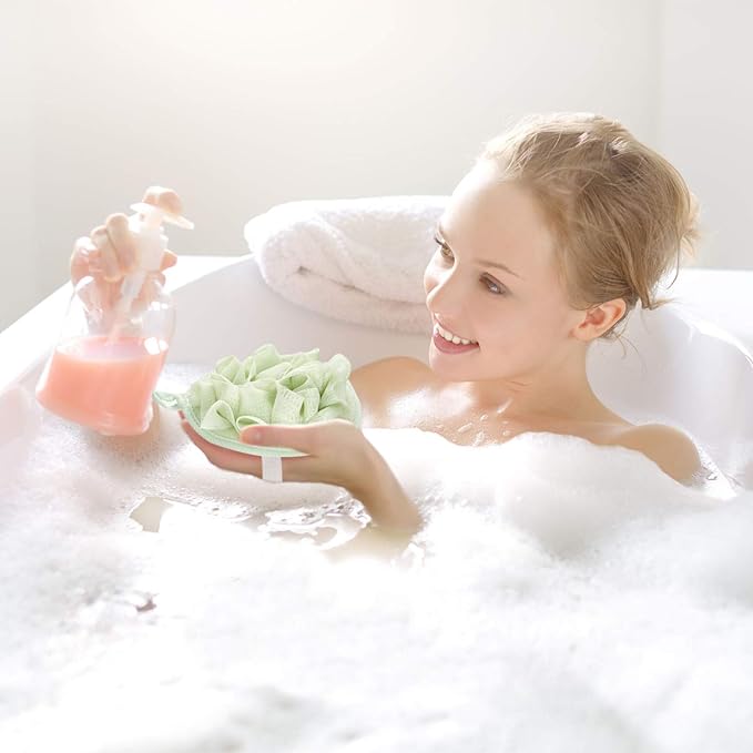 Boao 6 Pcs Bath Shower Pouf Sponge Mesh Pouf Shower Ball Exfoliating Body Sponge Pad Scrubber Glove with Flower Bath Ball (Beige,Green,Purple)