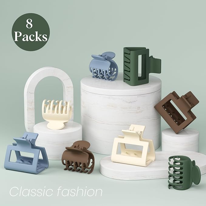 8 PCS Medium Hair Clips for Women Girls - 2 Styles Rectangle and Double Row Teeth Small Claw Clips for Thin Thick Hair, Matte Non-slip Strong Hold Jaw Clips Hair Accessories, Chic Colors