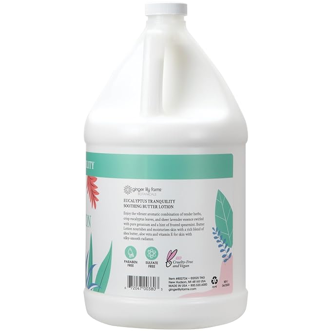 Ginger Lily Farms Botanicals Soothing Butter Lotion for Dry Skin, Eucalyptus Tranquility, 100% Vegan & Cruelty-Free, 1 Gallon (128 fl oz) Refill