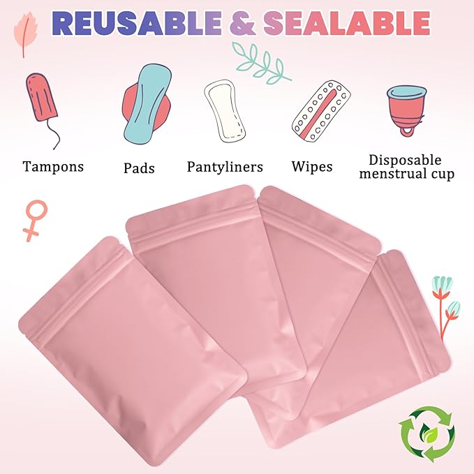Disposable Sanitary Hygiene Disposal Bags for Bag Period Tampon Napkin Trash, 100pcs, Discreet Privacy Cover, Stylish Look, Self-Adhesive Seal,Portable for Purse, Bathroom, School, Travel(Pink)