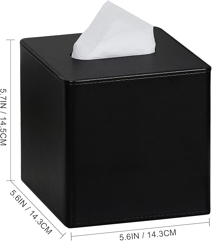 Tissue Box Cover Square PU Leather Facial Tissue Box Holder for Dresser Bathroom Decor (Black)