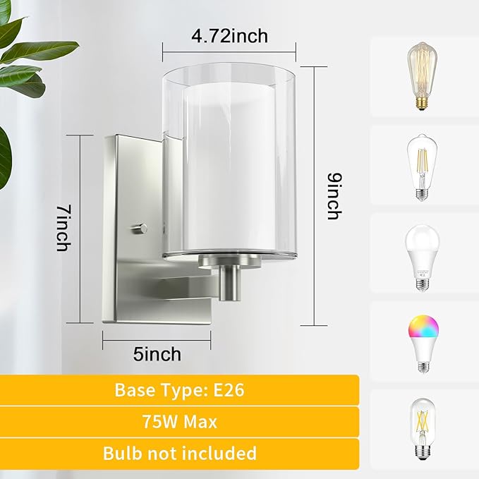 Kalium Wall Sconces Set of Two Modern Vanity Lights with Double Clear Glass Shade Brushed Nickel Indoor Farmhouse Wall Light for Bathroom Living Room Bedroom Mirror Hallway Bulb E26 Base (2PCS)