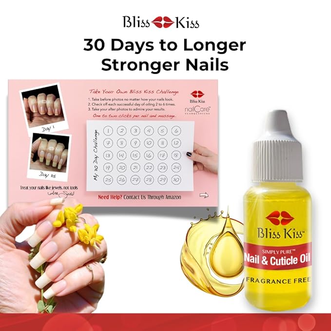 Bliss Kiss | Fragrance Free | Nail Oil Cuticle Dropper w/Vitamin E & Jojoba⏤Nail Strengthener Nail Growth Oil and Serum for Brittle Peeling Breaking Thin Nails | 0.5oz |