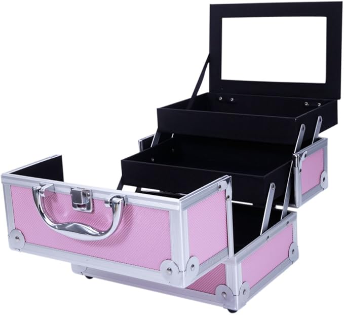 Makeup Train Case, Makeup Case Organizer with Mirror, Portable Cosmetic Box Storage with 2 Trays, Make Up Travel Case for Nail Kits Cosmetics Craft Traveling, Gifts for Women and Girls (Pink)