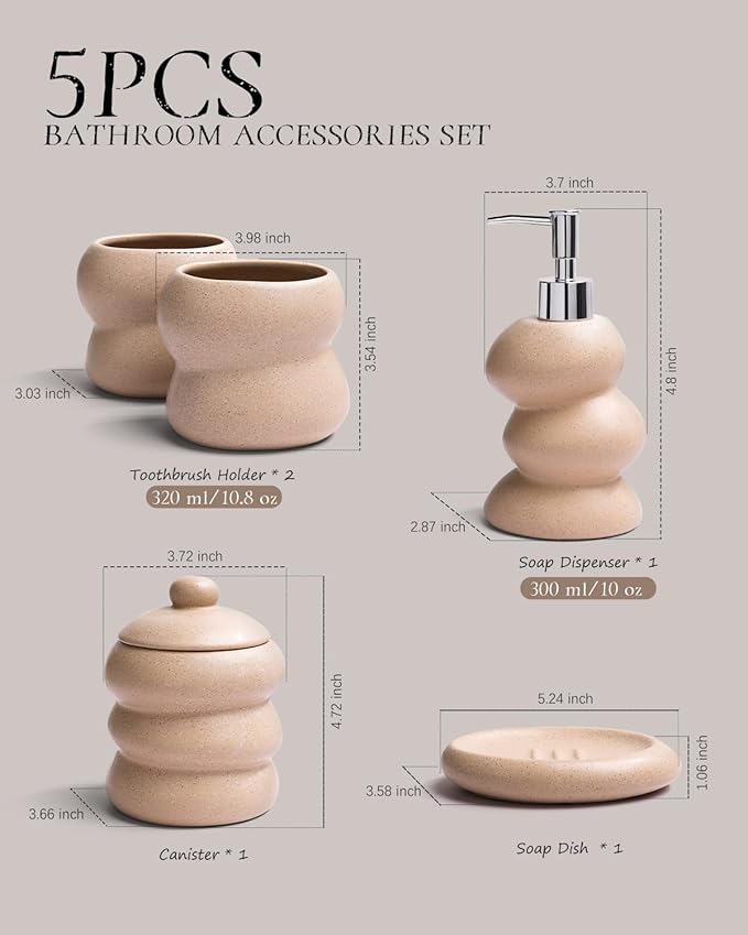 Bathroom Accessory Set 5PCS, Ceramic Bathroom Accessories Set, Irregular Shape Small Bathroom Sets Accessories Complete, Home Apartment Minimalist Decor Vanity Countertop, ANTIS'S HOME (Linen)