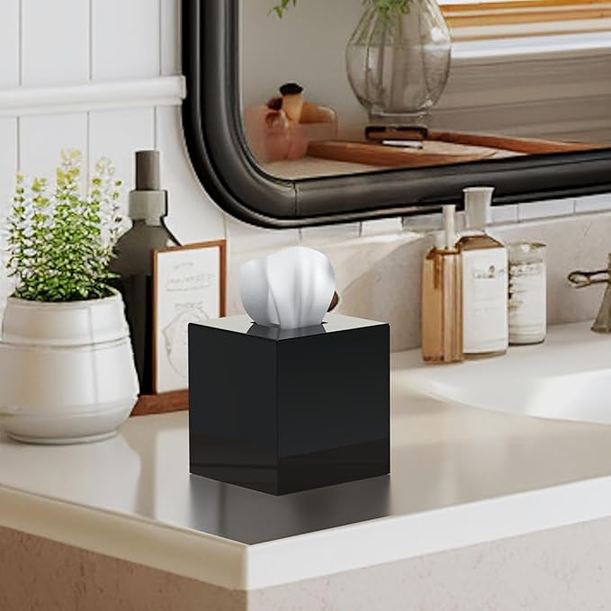 SILUT Tissue Box Cover Square, Shiny Acrylic Tissues Holder, Facial Tissue Holder, Modern Tissue Dispenser for Bathroom Bedroom Office, Shiny Black