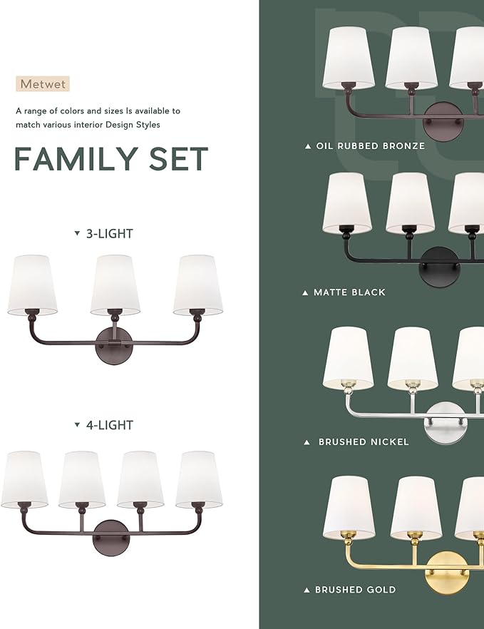 Bathroom Light Fixtures, 3-Light Oil Rubbed Bronze Vanity Lights with Flared White Fabric Shade, Vintage Sconces Wall Lighting for Hallway Bedroom, VL837-ORB-3