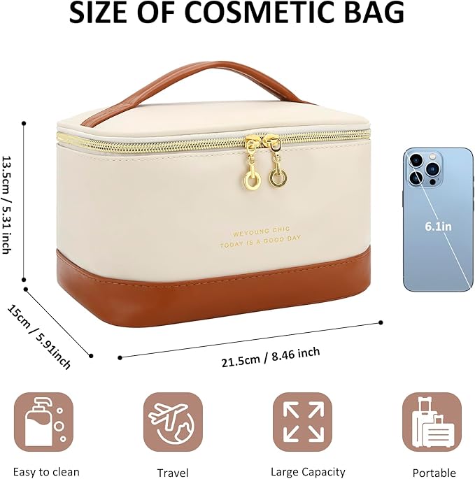 Small Makeup Bag Travel Cosmetic Bag Toiletry Zipper Pouch Make Up Organizer Bag with Handle Purse for Women Soft PU Leather Skincare Case (L01-Beige)