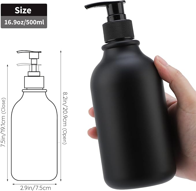 Segbeauty Matte Black Shampoo Dispenser, 2pcs 16.9oz Empty Refillable Pump Bottle with Labels, 500ml Plastic Press Lotion Dispenser Bathroom Shower Containers for Conditioner Body Soap Hand Soap