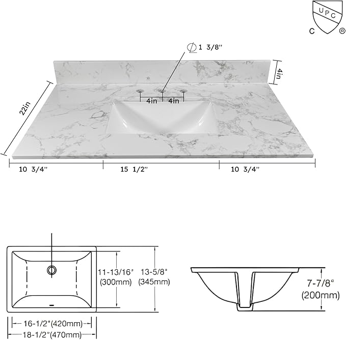 Montary 36" Bathroom Vanity with 37" Artificial Marble Carrara White Top, Modern Stylish MDF Bathroom Storage Cabinet, Freestanding Vanity Set with One Cabinet & 3 Drawers, White (Three Holes)