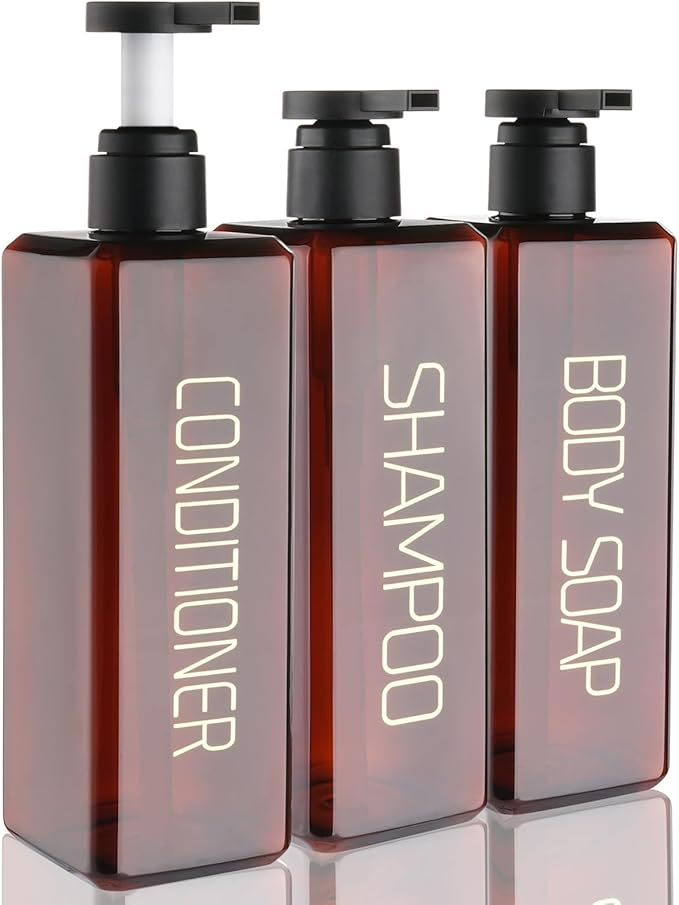 Shampoo and Conditioner Dispenser Shower Soap Bottles 3 Pack 550ml/18.6oz Refillable Shampoo Pump Bottle Dispenser Plastic Empty Body Wash Dispensers with Stylish Permanent Labels for Bathroom (Brown)