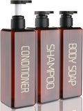 Shampoo and Conditioner Dispenser Shower Soap Bottles 3 Pack 550ml/18.6oz Refillable Shampoo Pump Bottle Dispenser Plastic Empty Body Wash Dispensers with Stylish Permanent Labels for Bathroom (Brown)