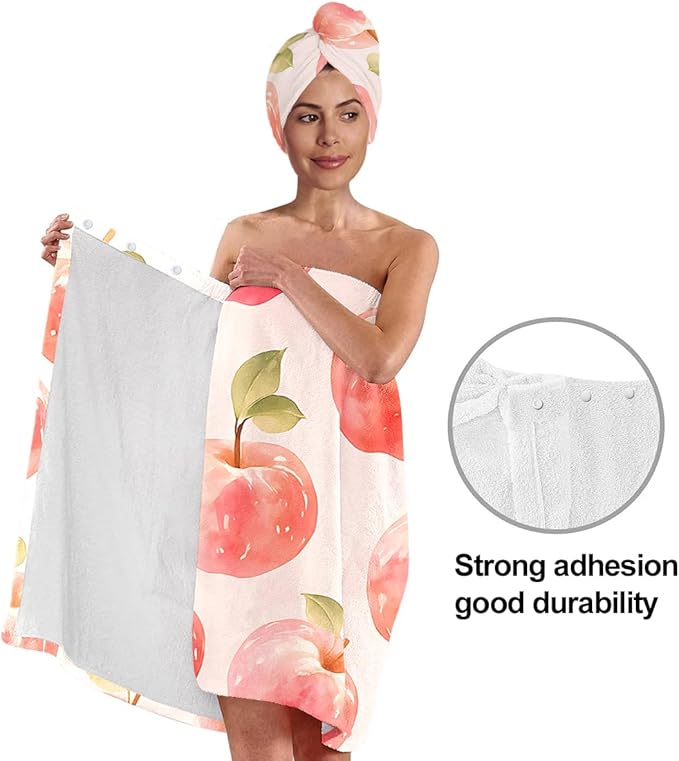 Women’s Apple Print Bath Wrap and Hair Towel Set, Soft Absorbent Microfiber Quick-Dry Shower Body Skirt with Elastic Closure, Lightweight Spa Towel for Home, Gym & Travel (Apple 1)
