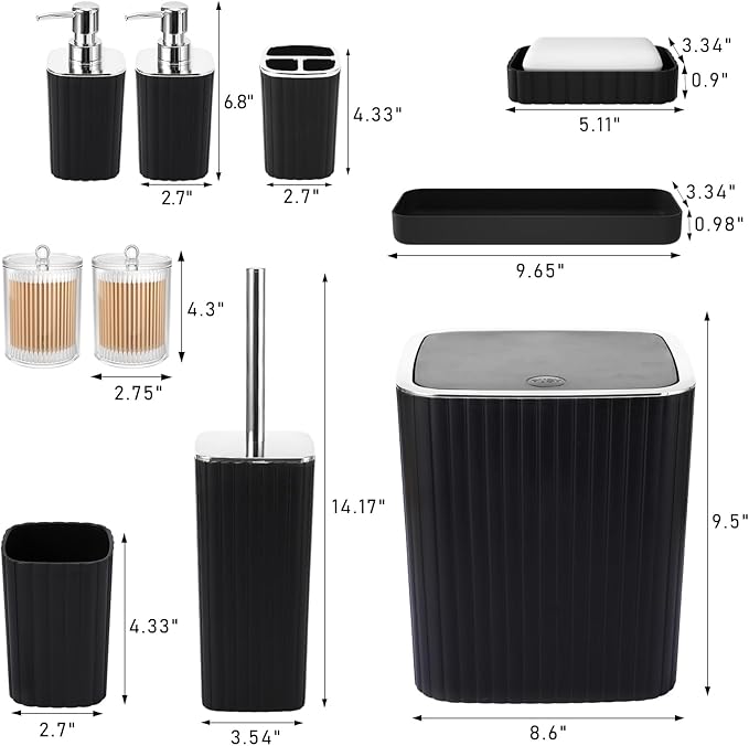 Bathroom Accessories Set - Gorgeous Bathroom Set, 10PC Black Bathroom Accessory Set, Toilet Brush, Trash Can, Qtip Holder & Soap Dispenser