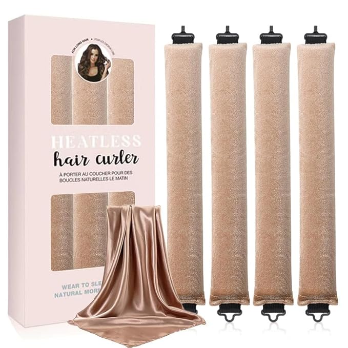 Heatless Hair Curls Overnight Curler - 4 Pcs Curling Rod to Sleep In, Velvet Hair Rollers with Satin Hair Scarf (Khaki)