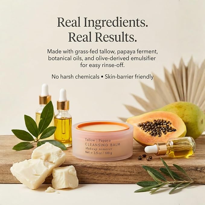 Tallow Cleansing Balm - With Grass-fed Beef Tallow, Papaya Enzyme | Waterproof Makeup Remover Balm | Natural Face Cleanser Oil | Sulphate Free | for sensitive skin, MADE IN USA - 3.17 oz/ 90 g (2 oz)