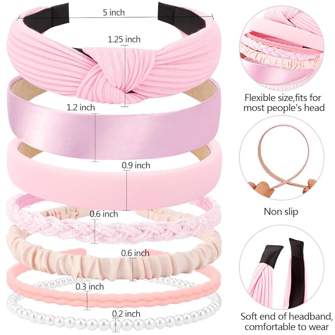 AHONEY 7 Pack Pink Headbands for Girls Women Headbands Trendy Non Slip Hairbands Cute Hair Accessories Multi-style Headband Pack Diademas Para Mujer (Pink)