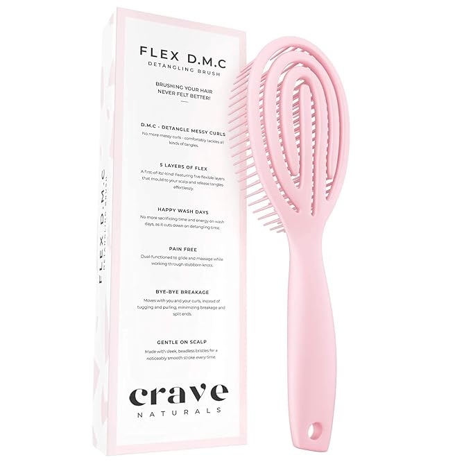Crave Naturals FLEX DMC Detangling Brush for Natural Textured Hair - Flexible Hair Brush Detangler for Curly, Frizzy, Thick Hair - ROUND (Plastic) (Pack of 2)