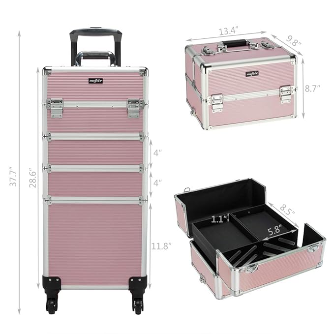mefeir 4 in 1 Rolling Makeup Train Case, Aluminum Makeup Travel Organizer Cosmetic Case, Cosmetology Display Suitcase on Wheels, Beauty Storage Luggage Lockable w/4 Removable Wheels (Pink)