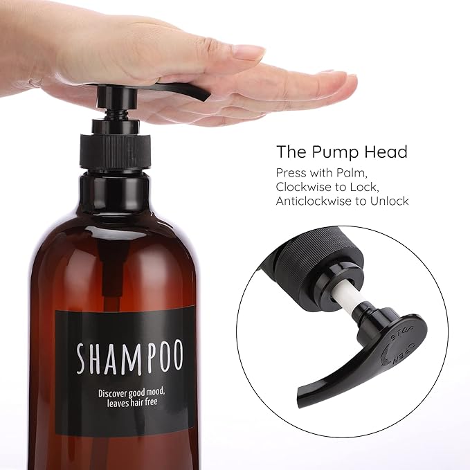 Empty Plastic Bottles with Labels, Segbeauty 33.8oz Large Brown Shampoo Conditioner Reusable Dispenser, 2 Packs of 1000ml Refillable Shower Lotion Pump Press Bottles for Bathroom Hand Soap Body Wash