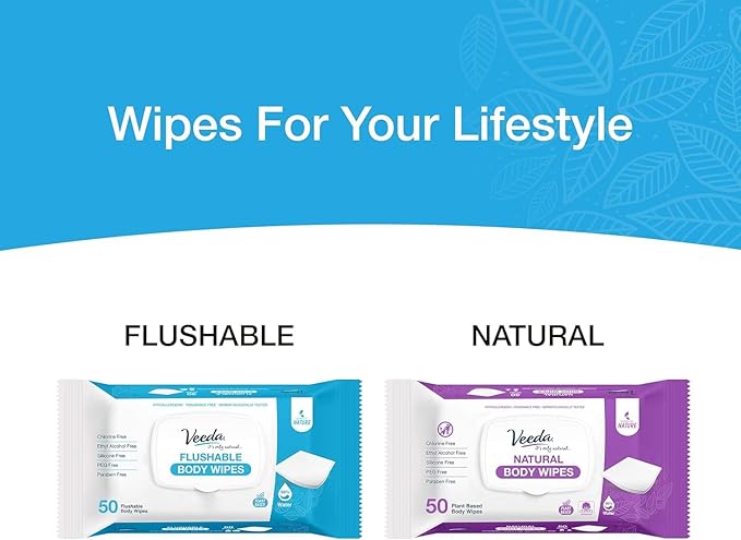 Veeda Natural Flushable Wipes for Adults - 300 Count, Hypoallergenic & pH Balanced Wet Wipe - Unscented Personal Cleansing Body Wipe Safe for Sensitive Skin - Toilet Wipes