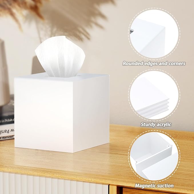 SILUT Tissue Box Cover Square, Acrylic Tissue Holder, Decorative Tissue Box Dispenser for Bathroom Bedroom Office Vanity, Tissues Organizer, Matte White