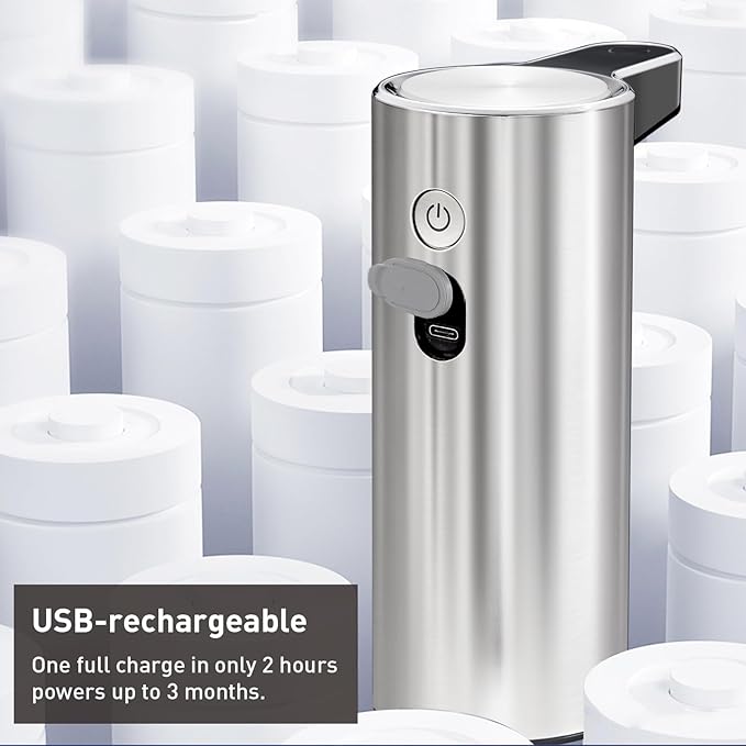 EKO Automatic Foaming Soap Dispenser, Touchless Foam Hand Soap Dispenser for Bathroom and Kitchen, Water-Resistant and Rechargeable, 9 fl oz, Modern Design for Homes and Offices (Stainless)
