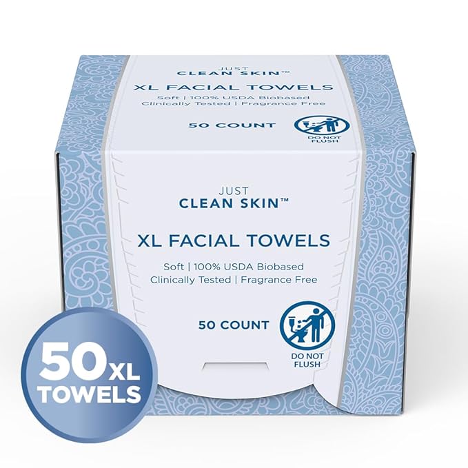 XL Dry Face Wipes (50 Ct, 1 Pack), Ultra-Absorbent Plant-Based Facial Towels, Disposable Makeup Remover Wipes for Face, No Fragrance, Hypoallergenic, 100% USDA Biobased, NEA Accepted