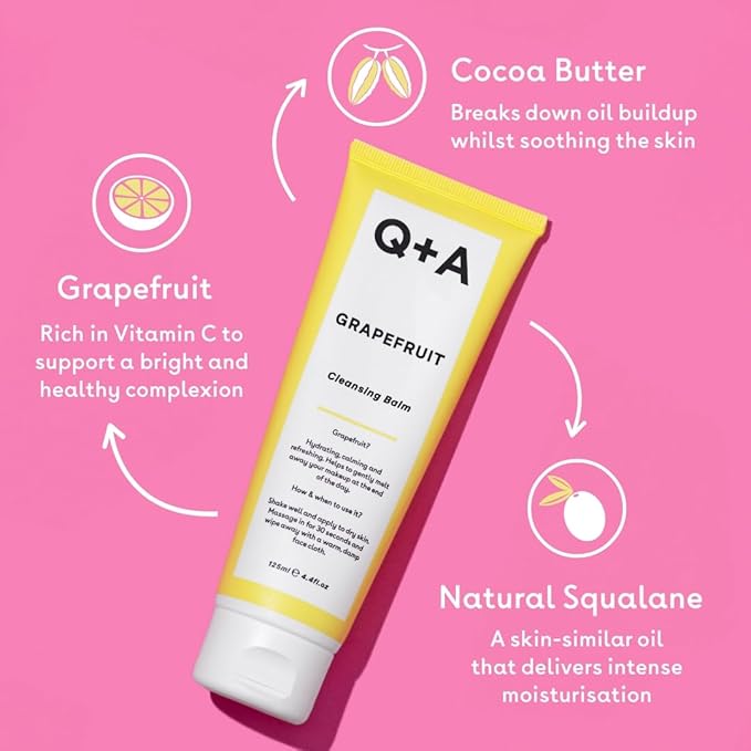 Q+A Grapefruit Cleansing Balm (125ml), Natural Makeup Remover with Cocoa Butter and Squalane, Hydrating Face Cleanser, Skincare for All Skin Types, Cleanse and Moisturize Skin