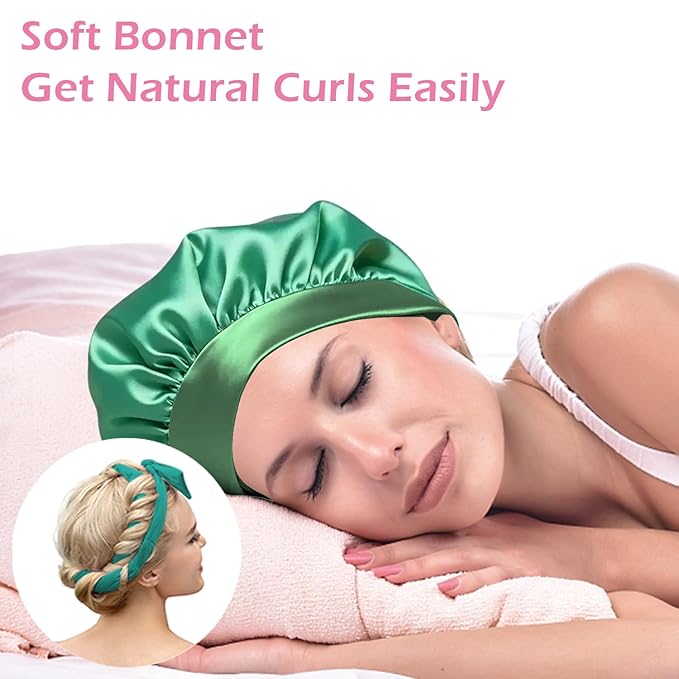Heatless Curls Overnight Headband, 70'' No Heat Hair Curlers with Hair Bonnet for Sleeping, Blue-Green