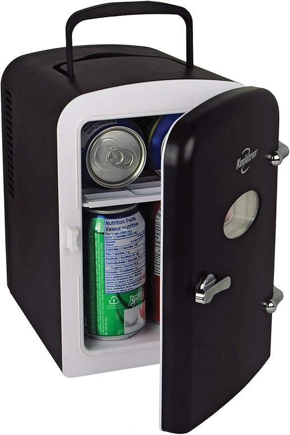 Koolatron Mini Fridge- Black Refrigerator 6 Can Portable Cooler for Bedroom Office Dorm Car Compact Fridge for Drinks Makeup Skincare Dual Power 12V 110V