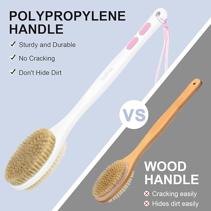 Back Scrubber for Shower with Long Handle, Exfoliating Bath Brush for Body - Double Sided Bristles (Stiff & Soft), Anti-Slip Grip, Lightweight - Gift for Seniors, Includes Lanyard & Hook, Pink