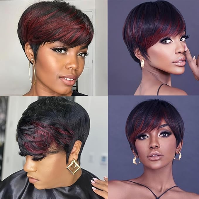 Adette Basic Pixie Cut Wig Straight Style - 1B/99J Burgundy Highlight 180% Density Brazilian Virgin Human Hair with Rose Net Cap, Glueless Machine Made for African American Women, Cosplay & Daily Wear