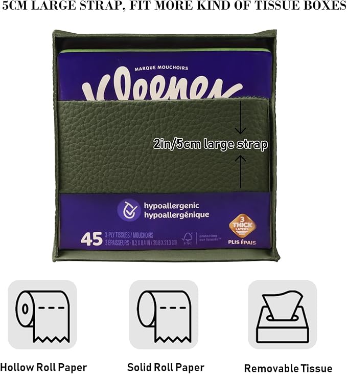 Tissue Box Cover Holder Square Tissue Cube Cover PU Leather Tissue Organizer with Bottom Belt for Bathroom, Tabletop, Car, Night Stands, Office, Home, Kitchen (1, OliveGreen)