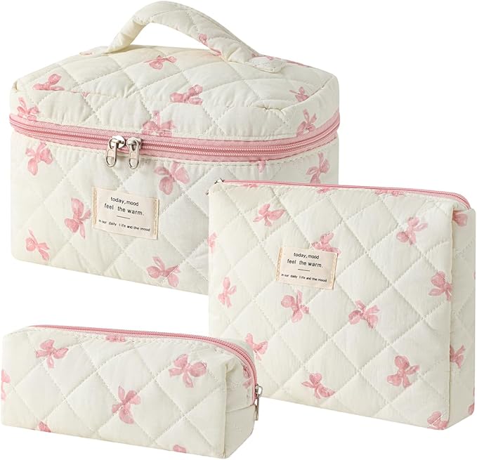 uekeboag 3Pcs Quilted Cotton Makeup Bag,Coquette Quilted Toiletry Bag for Women and Girls,Floral Coquette Pouch,Cute Kawaii Travel Cosmetic Bags(3Pcs Little Pink Bow)