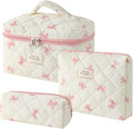 uekeboag 3Pcs Quilted Cotton Makeup Bag,Coquette Quilted Toiletry Bag for Women and Girls,Floral Coquette Pouch,Cute Kawaii Travel Cosmetic Bags(3Pcs Little Pink Bow)