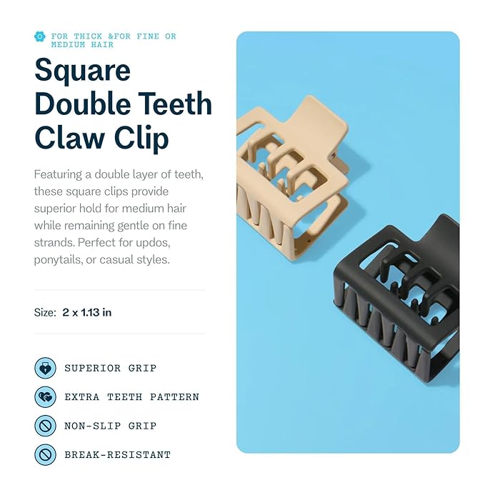Gimme Beauty Square Double Teeth Claw Clip - Extra Grip Accessory Set - Perfect for Medium Hair - Lasting Hold for Everyday Wear - Trendy, Non-Slip Cilp Duo for Women - Black & Tan, 2 Pack