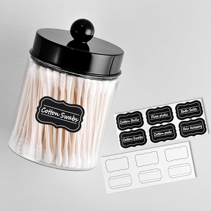 3PC Farmhouse Decor Qtip Holder Apothecary Jars Bathroom Vanity Storage Organizer -Countertop Canister Container &Cute Stickers for Cotton Swab, Ball,Pad,Floss ,Paper Clips (Black，Plastic)