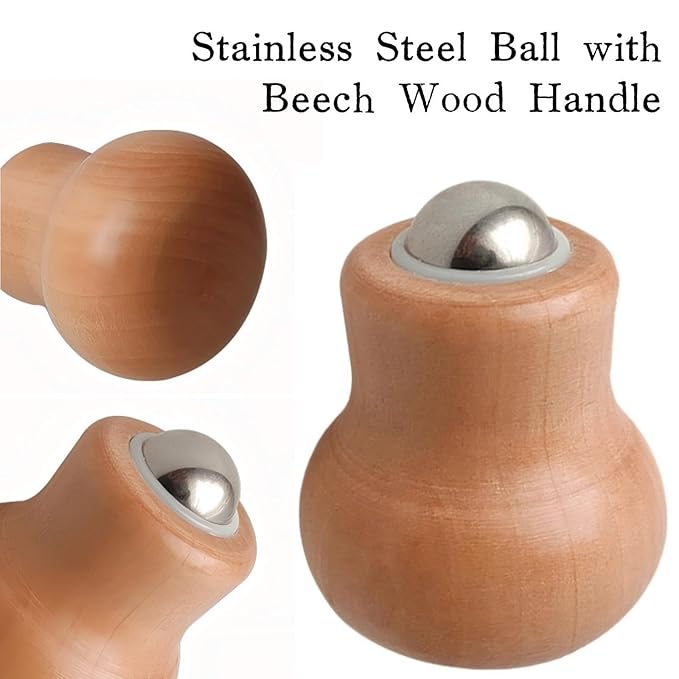 Stainless Steel Facial Massage Roller with Beech Wood Handle, 360-Degree Rotating Ice Ball for Face and Eye Care, 1 Pack