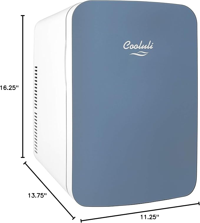 Cooluli 15L Mini Fridge for Bedroom - Car, Office Desk & College Dorm Room - 12v Portable Cooler & Warmer for Food, Drinks, Skincare, Beauty & Makeup - AC/DC Small Refrigerator with Glass Front, Blue,15 Liter