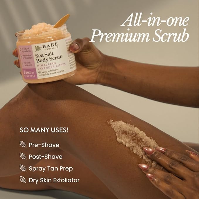 Bare Botanics Lemon Orange Body Scrub 24oz | Made in Madison, WI | All Natural Sea Salt Exfoliator w/ Skin Loving Moisturizers | Vegan & Cruelty Free | Gift Ready Packaging w/ a Cute Wooden Spoon