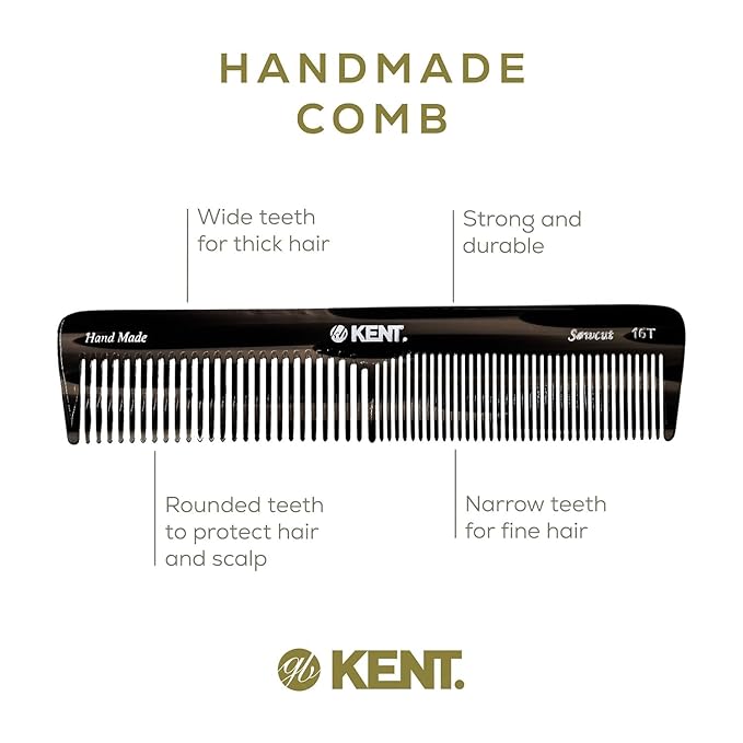 Kent 16T-16TG Fine Tooth and Wide Tooth Comb for Daily Grooming, Handmade Styling Comb for All Hair Types, Styling and Detangling Combs for Men and Women