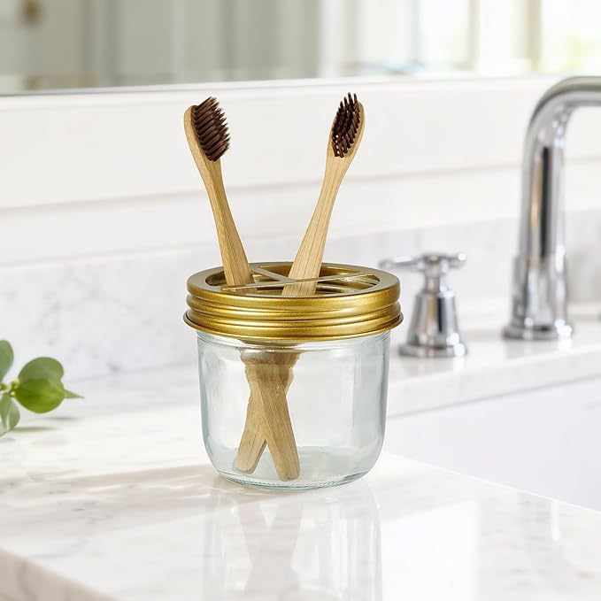 Amolliar Mason Jar Bathroom Accessories Set 4 Pcs -Lotion Soap Dispenser & 2 Qtip Holders & Toothbrush Holder - Rustic Farmhouse Decor, Bathroom Home Decor (Gold)